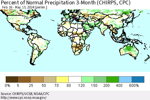 World Percent of Normal Precipitation 3-Month (CHIRPS) Thematic Map For 2/16/2024 - 5/15/2024