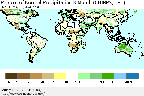 World Percent of Normal Precipitation 3-Month (CHIRPS) Thematic Map For 3/1/2024 - 5/31/2024