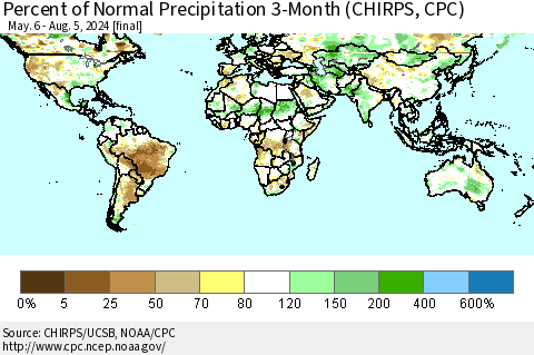 World Percent of Normal Precipitation 3-Month (CHIRPS) Thematic Map For 5/6/2024 - 8/5/2024