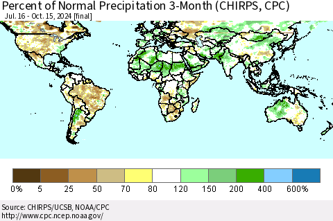 World Percent of Normal Precipitation 3-Month (CHIRPS) Thematic Map For 7/16/2024 - 10/15/2024