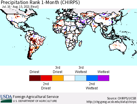 World Precipitation Rank 1-Month (CHIRPS) Thematic Map For 7/16/2021 - 8/15/2021