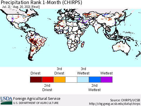 World Precipitation Rank 1-Month (CHIRPS) Thematic Map For 7/21/2021 - 8/20/2021