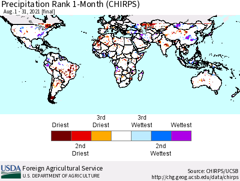 World Precipitation Rank since 1981, 1-Month (CHIRPS) Thematic Map For 8/1/2021 - 8/31/2021