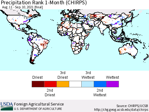 World Precipitation Rank 1-Month (CHIRPS) Thematic Map For 8/11/2021 - 9/10/2021