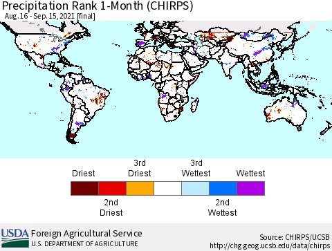 World Precipitation Rank 1-Month (CHIRPS) Thematic Map For 8/16/2021 - 9/15/2021