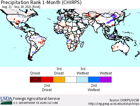World Precipitation Rank 1-Month (CHIRPS) Thematic Map For 8/21/2021 - 9/20/2021