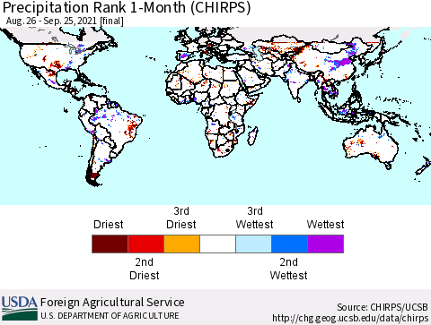 World Precipitation Rank 1-Month (CHIRPS) Thematic Map For 8/26/2021 - 9/25/2021