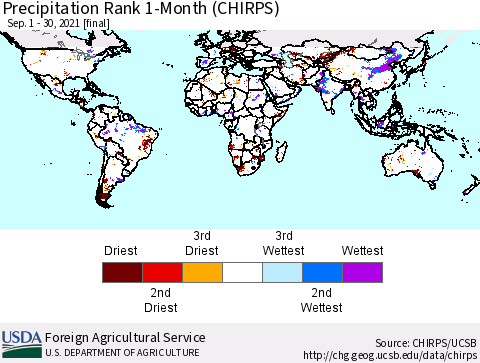 World Precipitation Rank 1-Month (CHIRPS) Thematic Map For 9/1/2021 - 9/30/2021