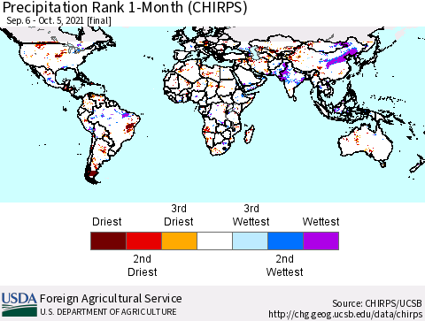 World Precipitation Rank since 1981, 1-Month (CHIRPS) Thematic Map For 9/6/2021 - 10/5/2021