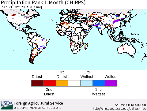 World Precipitation Rank 1-Month (CHIRPS) Thematic Map For 9/21/2021 - 10/20/2021