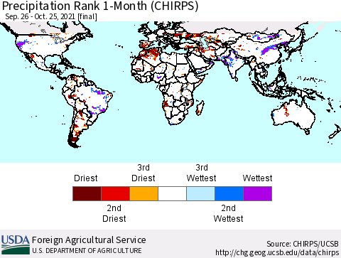 World Precipitation Rank 1-Month (CHIRPS) Thematic Map For 9/26/2021 - 10/25/2021