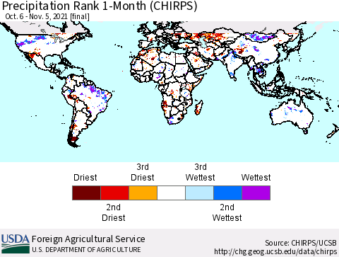 World Precipitation Rank 1-Month (CHIRPS) Thematic Map For 10/6/2021 - 11/5/2021