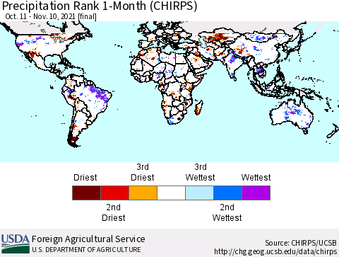 World Precipitation Rank 1-Month (CHIRPS) Thematic Map For 10/11/2021 - 11/10/2021