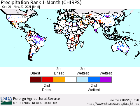 World Precipitation Rank 1-Month (CHIRPS) Thematic Map For 10/21/2021 - 11/20/2021