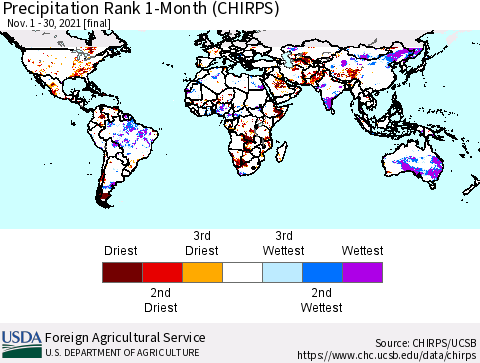 World Precipitation Rank since 1981, 1-Month (CHIRPS) Thematic Map For 11/1/2021 - 11/30/2021