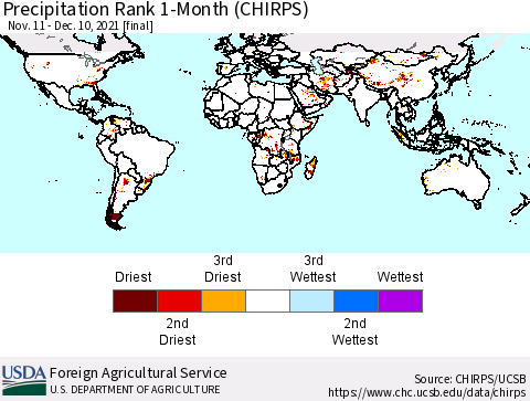 World Precipitation Rank 1-Month (CHIRPS) Thematic Map For 11/11/2021 - 12/10/2021