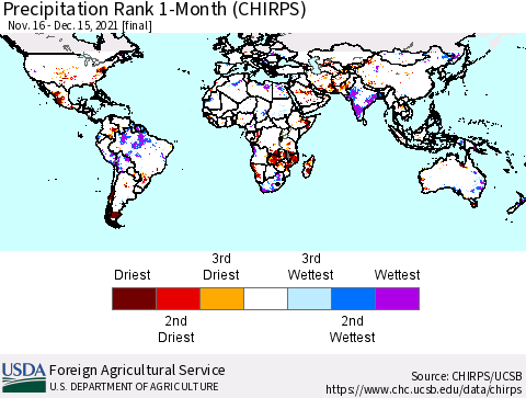 World Precipitation Rank 1-Month (CHIRPS) Thematic Map For 11/16/2021 - 12/15/2021