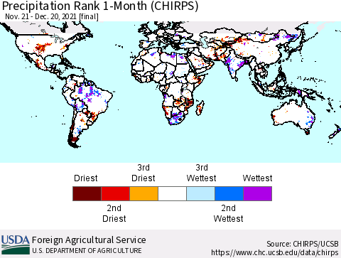 World Precipitation Rank 1-Month (CHIRPS) Thematic Map For 11/21/2021 - 12/20/2021