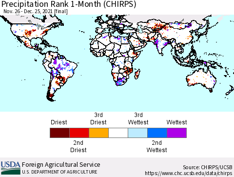 World Precipitation Rank 1-Month (CHIRPS) Thematic Map For 11/26/2021 - 12/25/2021