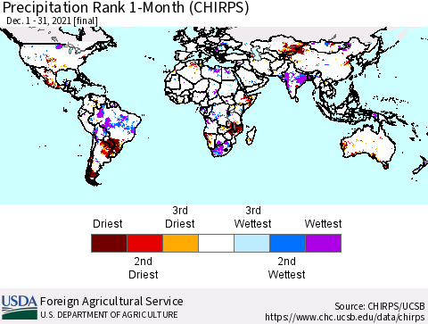 World Precipitation Rank 1-Month (CHIRPS) Thematic Map For 12/1/2021 - 12/31/2021