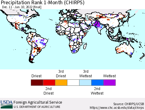 World Precipitation Rank since 1981, 1-Month (CHIRPS) Thematic Map For 12/11/2021 - 1/10/2022