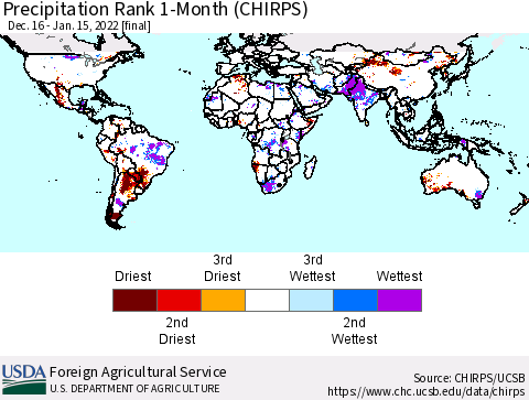World Precipitation Rank 1-Month (CHIRPS) Thematic Map For 12/16/2021 - 1/15/2022
