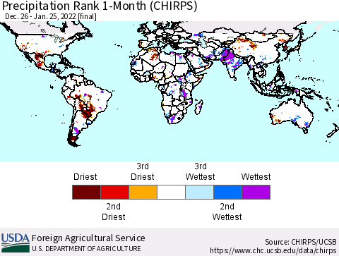 World Precipitation Rank 1-Month (CHIRPS) Thematic Map For 12/26/2021 - 1/25/2022