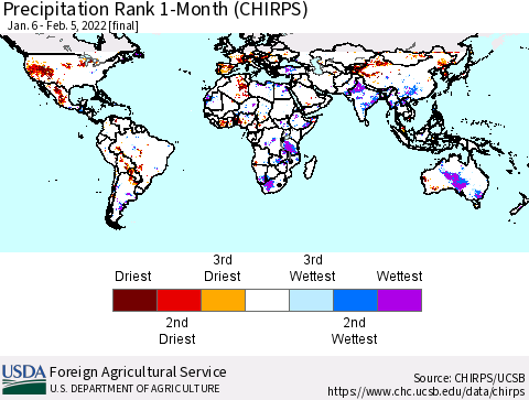 World Precipitation Rank since 1981, 1-Month (CHIRPS) Thematic Map For 1/6/2022 - 2/5/2022