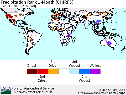 World Precipitation Rank since 1981, 1-Month (CHIRPS) Thematic Map For 1/11/2022 - 2/10/2022