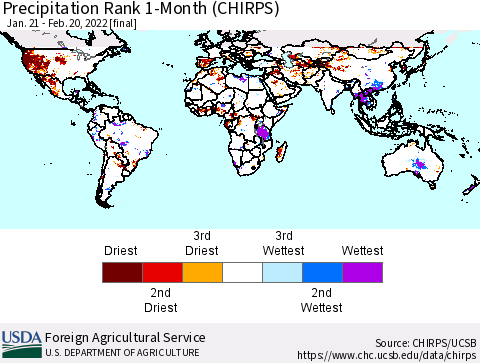 World Precipitation Rank since 1981, 1-Month (CHIRPS) Thematic Map For 1/21/2022 - 2/20/2022