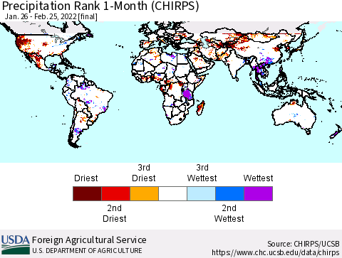 World Precipitation Rank since 1981, 1-Month (CHIRPS) Thematic Map For 1/26/2022 - 2/25/2022