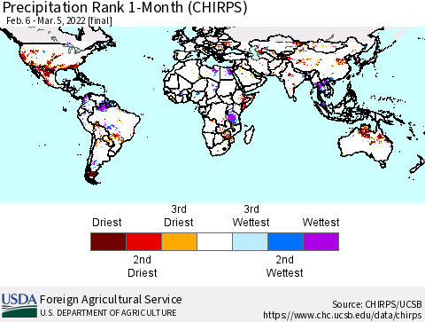 World Precipitation Rank since 1981, 1-Month (CHIRPS) Thematic Map For 2/6/2022 - 3/5/2022