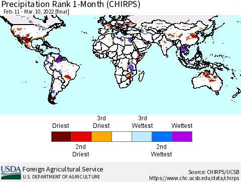 World Precipitation Rank since 1981, 1-Month (CHIRPS) Thematic Map For 2/11/2022 - 3/10/2022