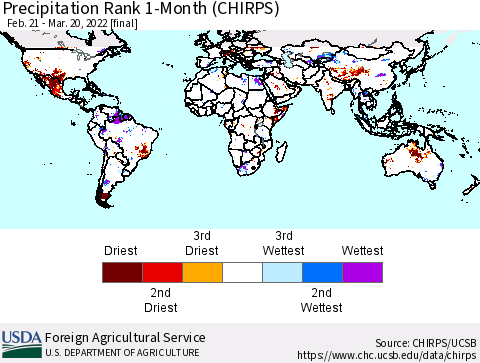 World Precipitation Rank since 1981, 1-Month (CHIRPS) Thematic Map For 2/21/2022 - 3/20/2022