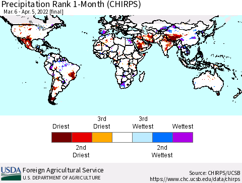 World Precipitation Rank since 1981, 1-Month (CHIRPS) Thematic Map For 3/6/2022 - 4/5/2022