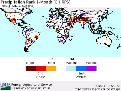 World Precipitation Rank since 1981, 1-Month (CHIRPS) Thematic Map For 3/11/2022 - 4/10/2022