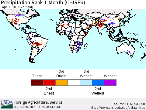 World Precipitation Rank since 1981, 1-Month (CHIRPS) Thematic Map For 4/1/2022 - 4/30/2022