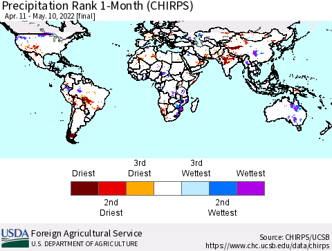 World Precipitation Rank since 1981, 1-Month (CHIRPS) Thematic Map For 4/11/2022 - 5/10/2022