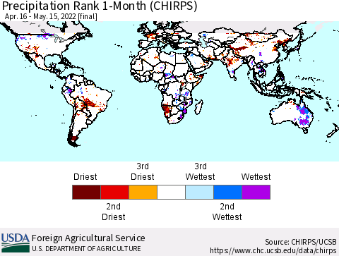 World Precipitation Rank since 1981, 1-Month (CHIRPS) Thematic Map For 4/16/2022 - 5/15/2022