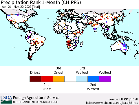 World Precipitation Rank since 1981, 1-Month (CHIRPS) Thematic Map For 4/21/2022 - 5/20/2022