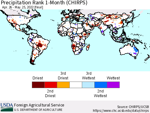 World Precipitation Rank since 1981, 1-Month (CHIRPS) Thematic Map For 4/26/2022 - 5/25/2022