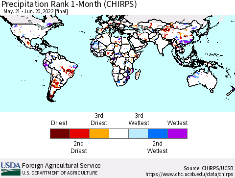 World Precipitation Rank since 1981, 1-Month (CHIRPS) Thematic Map For 5/21/2022 - 6/20/2022