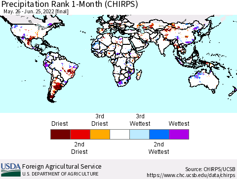 World Precipitation Rank since 1981, 1-Month (CHIRPS) Thematic Map For 5/26/2022 - 6/25/2022