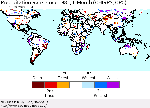 World Precipitation Rank since 1981, 1-Month (CHIRPS) Thematic Map For 6/1/2022 - 6/30/2022