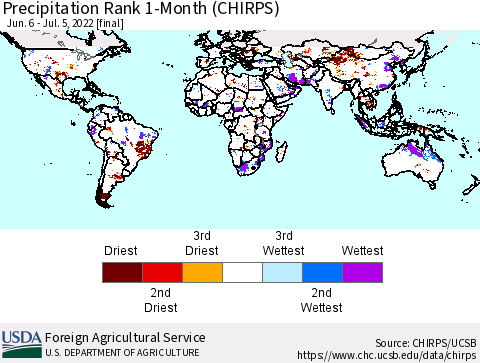 World Precipitation Rank since 1981, 1-Month (CHIRPS) Thematic Map For 6/6/2022 - 7/5/2022