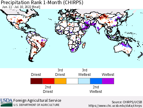 World Precipitation Rank since 1981, 1-Month (CHIRPS) Thematic Map For 6/11/2022 - 7/10/2022