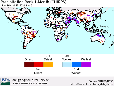 World Precipitation Rank since 1981, 1-Month (CHIRPS) Thematic Map For 6/16/2022 - 7/15/2022