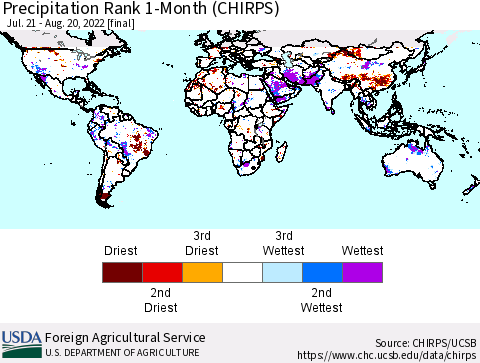 World Precipitation Rank since 1981, 1-Month (CHIRPS) Thematic Map For 7/21/2022 - 8/20/2022