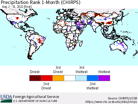 World Precipitation Rank since 1981, 1-Month (CHIRPS) Thematic Map For 8/1/2022 - 8/31/2022