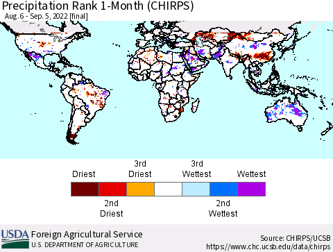 World Precipitation Rank since 1981, 1-Month (CHIRPS) Thematic Map For 8/6/2022 - 9/5/2022